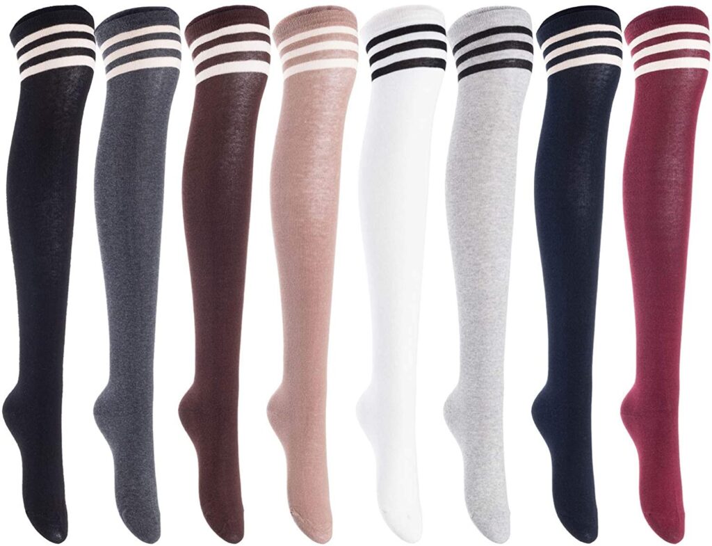 Lian LifeStyle women's 3-pair assorted thigh-high cotton socks size 6–9