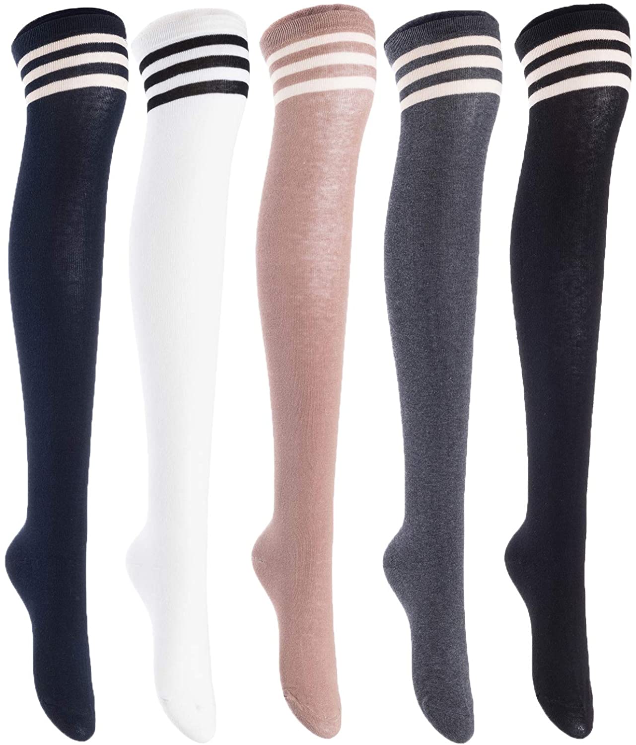 Lian LifeStyle women's 5-pair random-color thigh-high cotton socks size 6–9